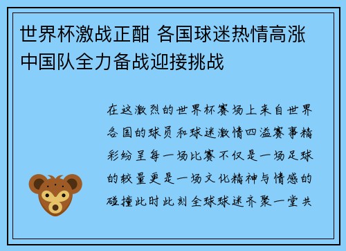 世界杯激战正酣 各国球迷热情高涨 中国队全力备战迎接挑战